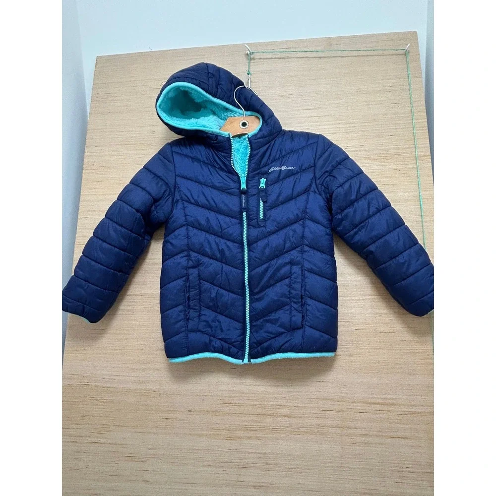 Eddie Bauer Kids Puffer Jacket Navy Blue Teal Hooded‎ Zip Front Insulated